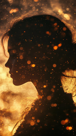 A woman is captured in profile, illuminated by warm, glowing light. Soft particles float around her, evoking a tranquil, dreamlike ambiance during sunset.の素材