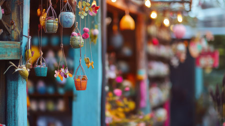 Visitors explore a vibrant market filled with various workshops showcasing colorful crafts and unique art pieces, all under a clear blue sky.の素材