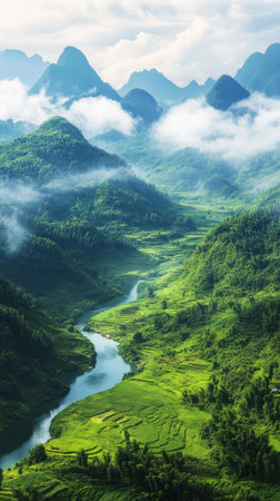 Rolling hills shrouded in mist cradle a winding river, while vibrant green fields stretch across the valley. The scene is peaceful, embodying nature's beauty.の素材