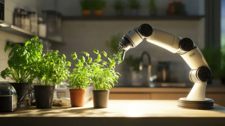 A robotic arm carefully waters a variety of herbs in small pots on a kitchen counter. Bright sunlight filters in, highlighting the green foliage and clean workspace.の素材