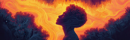 A striking silhouette of a man showcases his profile amidst a stunning sunset filled with vibrant orange and purple hues. The surrounding foliage enhances the dramatic atmosphere.の素材