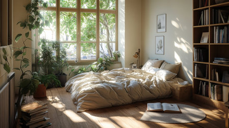 This inviting bedroom showcases medium-toned wooden floors and ample greenery. Soft blankets are spread across the bed, while sunlight filters gently through the large windows.の素材
