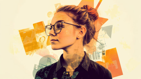 A young woman with glasses is portrayed in a polished double exposure style, blending her thoughtful expression with vibrant colors and abstract shapes, illustrating innovation and inspiration.の素材