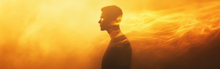 A man stands in profile, surrounded by a warm, glowing aura that suggests energy and vitality. The setting features rich golden hues, creating a mystical ambiance.の素材