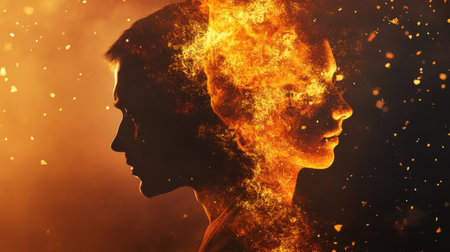 This artistic representation showcases a father and child, merging their profiles in a mesmerizing double exposure. The fiery tones symbolize deep emotional bonds and shared energy.の素材