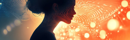 A woman stands in profile, glowing softly amid a swirl of mesmerizing patterns and radiant lights. The vibrant colors create an ethereal atmosphere in a dreamlike setting.の素材