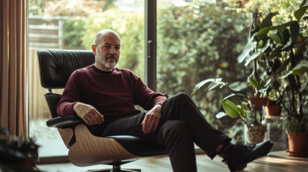 A middle-aged man with a shaved head sits thoughtfully in a stylish chair, surrounded by lush indoor plants and soft natural light, enjoying a peaceful afternoon.の素材