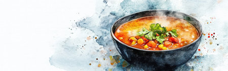 A bowl filled with steaming soup featuring a medley of vegetables and fresh herbs stands out against a soft watercolor backdrop. The colors blend harmoniously, enhancing the appetizing dish.の素材
