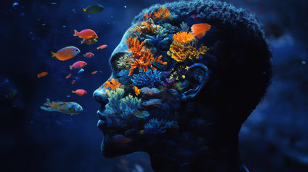 A man's profile is beautifully filled with colorful coral and fish, illustrating a deep connection to the ocean.の素材