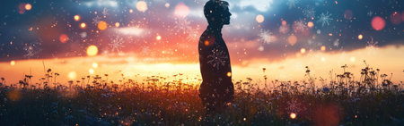 A man's silhouette stands still in a flower-filled field, illuminated by a vibrant sunset. Snowflakes gently fall around him, creating a serene and mystical atmosphere.の素材