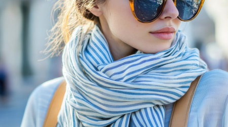 A person enjoys a sunny spring day wearing a casual outfit complemented by a striped scarf and oversized sunglasses. The vibrant atmosphere enhances the relaxed vibe of the day.の素材