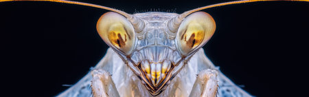 The close-up perspective captures the detailed face of a praying mantis, highlighting its large eyes and distinct facial structure. This macro portrayal emphasizes the insect's fascinating features.の素材