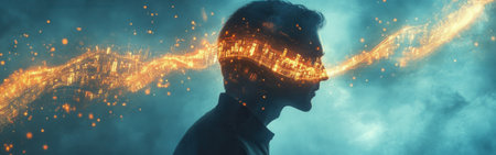 In a mystical depiction, a man's profile is filled with glowing city lights and swirling energy, creating a dreamlike atmosphere. The scene captures a blend of reality and imagination.の素材