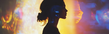 A woman's silhouette stands against a backdrop of vibrant colors and abstract patterns. Soft light creates an ethereal atmosphere, evoking a sense of mystery and wonder.の素材