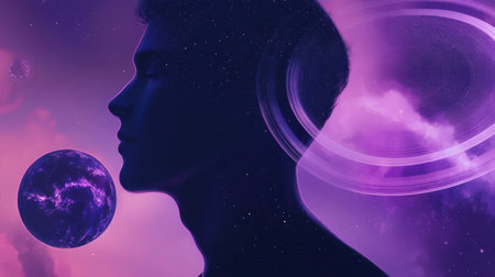A mystical profile of a man is filled with vibrant cosmic imagery, featuring distant planets and swirling clouds. The scene evokes a sense of wonder and exploration in the universe.の素材
