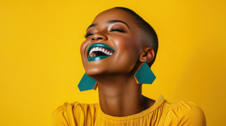 A joyful woman showcases colorful makeup and a cheerful smile, dressed in a trendy yellow outfit. The bright yellow background enhances the lively atmosphere of the studio portrait.の素材