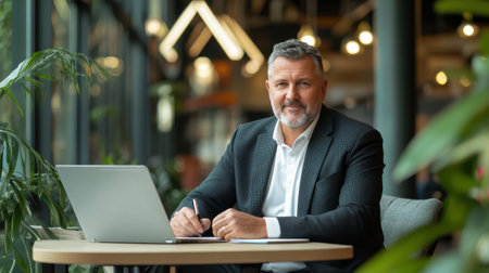 Man with salt-and-pepper hair sits at a sleek office desk, focused on work. Lush plants and contemporary decor create a vibrant workspace filled with natural light.の素材