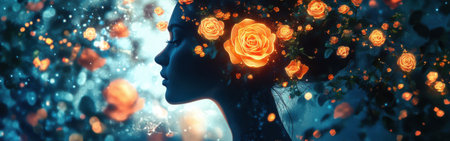 A woman's silhouette stands out against a sparkling backdrop, adorned with luminous roses. The ethereal setting creates a sense of magic and tranquility, inviting exploration into her world.の素材