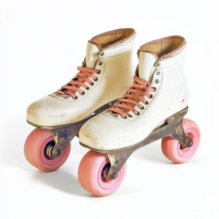 This pair of vintage roller skates features a classic design with a white exterior and distinctive pink wheels.の素材