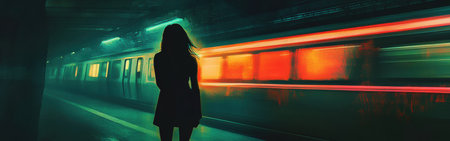 A woman's silhouette stands still on a subway platform as a train rushes by, illuminated by vibrant colorful lights, creating a mystical and dynamic atmosphere at dusk.の素材