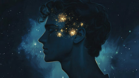 A side profile of a man, with his head filled with bright stars and cosmic patterns, set against a deep blue background evoking a sense of infinity.の素材