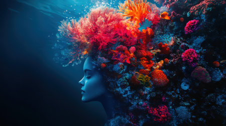 A woman with ethereal features is submerged in clear water, her hair intertwined with vivid coral and colorful marine flora. The serene ambiance showcases a blend of tranquility and beauty.の素材