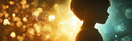 In a tranquil moment, a child with luminous wings stands still, bathed in radiant light and surrounded by soft, shimmering sparkles, evoking a sense of wonder.の素材