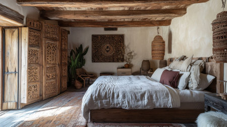 This bedroom cozy showcases wooden carvings as decor, accompanied by earthy textiles and warm lighting for a welcoming and tranquil environment. Perfect for relaxation and rest.の素材
