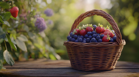 A rustic wicker basket overflows with ripe strawberries and blueberries, resting on a wooden surface amidst a vibrant garden filled with colorful blooms in the background.の素材