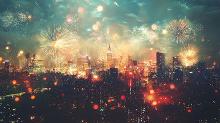This vibrant artwork combines dynamic urban skylines with a dazzling display of fireworks. Colorful light bursts enhance the city's atmosphere, creating an enchanting nocturnal spectacle.の素材
