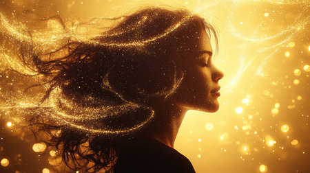 A serene woman stands in profile, her hair flowing gracefully as golden light and sparkling particles envelop her. This tranquil setting creates an ethereal and magical ambiance.の素材