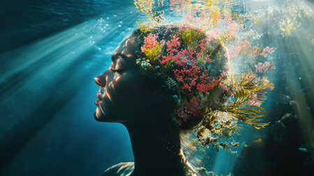 A woman submerged in tranquil waters radiates with serenity, her hair adorned with colorful coral and aquatic plants. Sunbeams illuminate the enchanting scene, showcasing harmony with nature.の素材