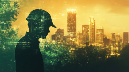 The silhouette of a worker stands prominently as the backdrop features a bustling city skyline glowing in warm sunset tones, reflecting the energy of urban development.の素材