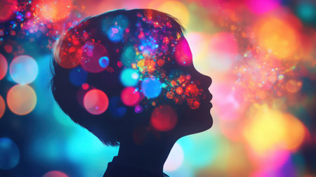 The silhouette of a child stands in profile, surrounded by an explosion of colorful lights and shapes, symbolizing creativity and imagination during a joyful moment.の素材