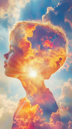 A child's profile is depicted with swirling vibrant clouds and rays of sunlight emerging from the head, illustrating imagination and wonder during sunset. The sky is luminous with colors.の素材