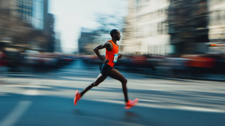 A runner in an orange tank top dashes across a city intersection, his feet striking the pavement. Crowds of enthusiastic spectators surround him, celebrating the excitement.の素材