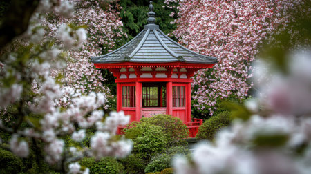 A traditional Japanese pagoda stands gracefully amidst vibrant cherry blossoms. The tranquil garden atmosphere invites visitors to relax and appreciate nature's beauty.の素材
