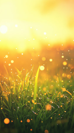 A vibrant field filled with lush green grass is illuminated by warm sunlight, creating a peaceful atmosphere. The golden light enhances the beauty of nature and brings tranquility.の素材