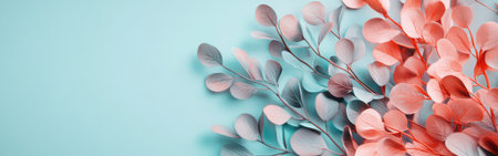 Soft pastel coral and teal leaves are artistically arranged on a flat surface, creating a striking contrast that enhances contemporary decor. This combination brings a fresh and inviting atmosphere.の素材