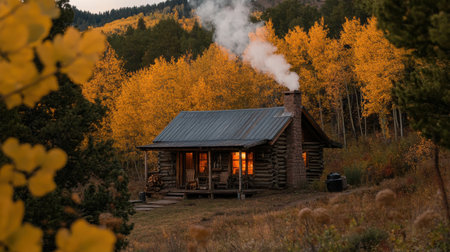 The wooden cabin stands quietly amid brilliant autumn colors, smoke rising from the chimney as warm light spills from the windows, creating a cozy atmosphere in nature's embrace.の素材
