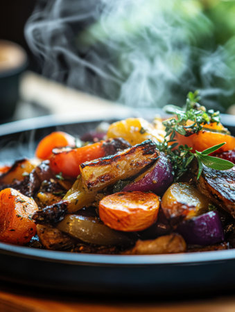 A close-up of a steaming plate piled high with colorful roasted vegetables, including carrots, bell peppers, and onions, garnished with fresh herbs. The warm tones create an inviting atmosphere.の素材