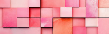 This artwork features an arrangement of fragmented grids in shades of pink and coral, creating a warm and inviting atmosphere perfect for contemporary design. The soft hues blend seamlessly.の素材