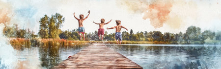 Three children splash into a lake from a wooden dock surrounded by lush greenery under a clear sky. Their laughter echoes as they enjoy a sunny summer day near the water.の素材