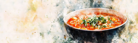 A vibrant bowl filled with steaming soup is presented, showing rich colors and textures. Fresh herbs garnish the top, enhancing its appetizing appearance against a delicate watercolor backdrop.の素材
