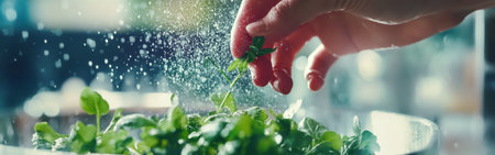 A hand delicately sprinkles fresh herbs into a bowl, surrounded by a soft watercolor background that enhances the vibrant greenery. The moment captures freshness in preparation.の素材