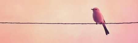 A delicate bird sits on a wire, silhouetted against a gentle pastel sky at dusk. The tranquil scene evokes a sense of calm as day transitions to night.の素材