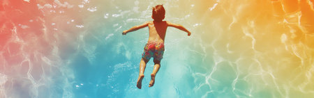 A young child leaps into a clear, vibrantly colored pool, surrounded by a watercolor effect. Sunlight reflects on the water, creating a lively atmosphere of joy and energy.の素材