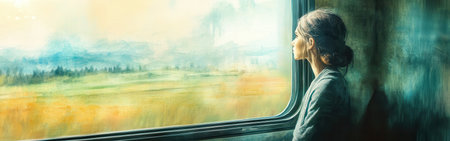 A woman sits quietly on a train, looking out at the passing countryside. The soft watercolor background creates a dreamlike ambiance, highlighting her reflective mood during the journey.の素材