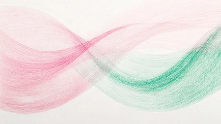 Swaying arcs of pink and green pencil strokes flow gracefully across a blank background, showing a vibrant gradient that captivates the viewer's attention.の素材