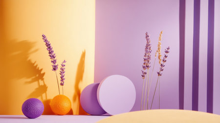 Dried lavender and tall yellow flowers contrast against soft lavender and amber hues. Geometric shapes in purple and orange add a playful touch to the tranquil arrangement.の素材